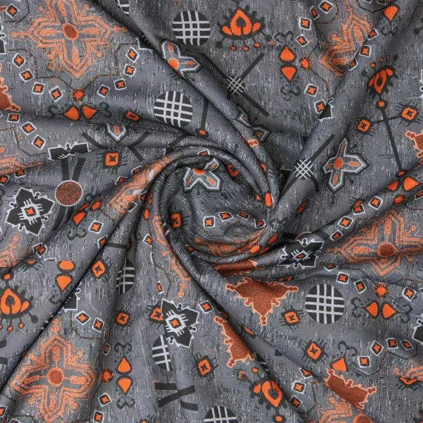 Bohemian Geometric Orange & Grey Printed Rayon Fabric - Image 3