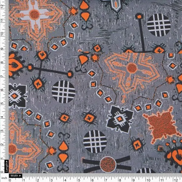 Bohemian Geometric Orange & Grey Printed Rayon Fabric - Image 4