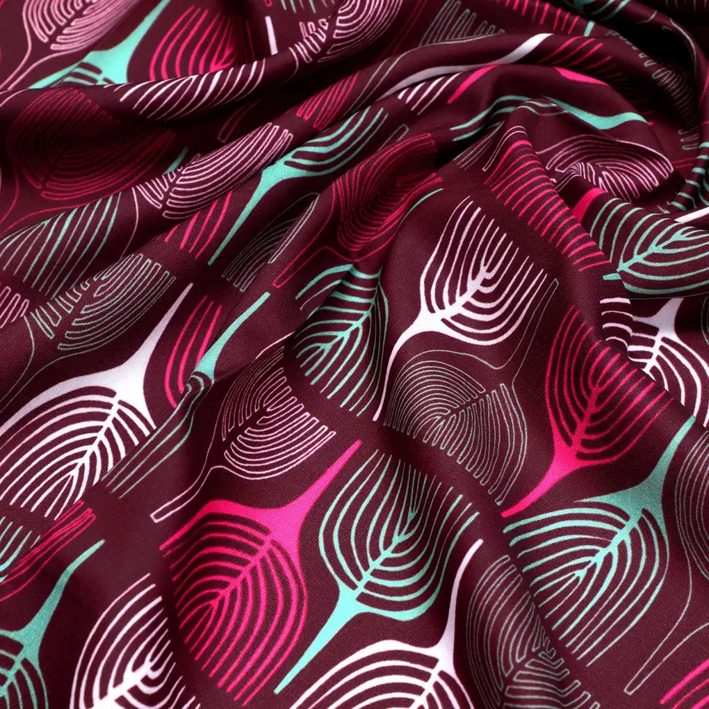 Bold Colourful Mahogany Leaf Digital Printed Fabric - Kora Silk - Image 3