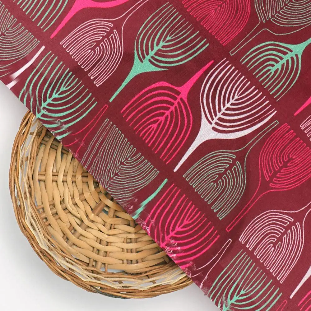Bold Colourful Mahogany Leaf Digital Printed Fabric - Poly Muslin - Image 2