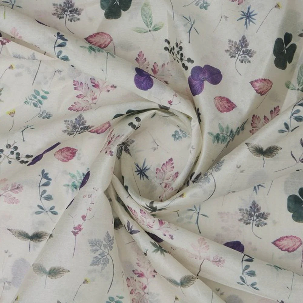 Botanical Leaves & Flora Printed Tusser Silk Fabric - Image 2