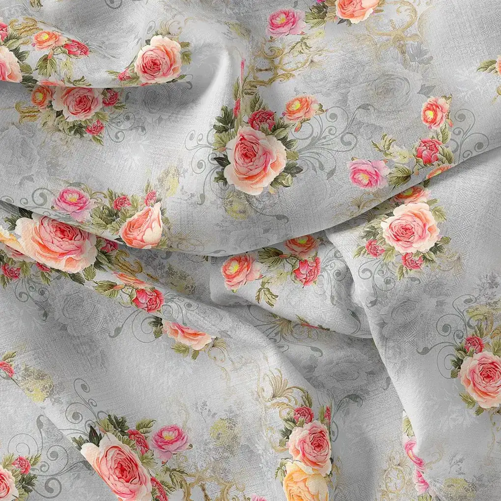 Bright Vintage Pink With Orange Rose Digital Printed Fabric - Image 3