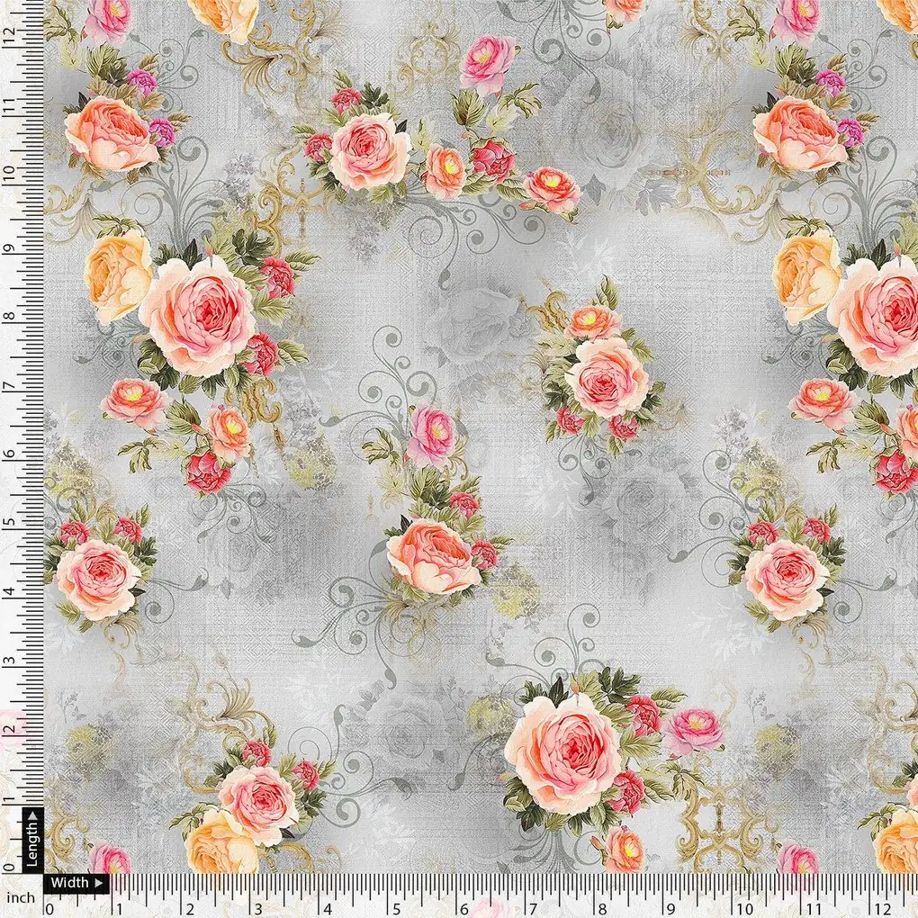 Bright Vintage Pink With Orange Rose Digital Printed Fabric - Image 4