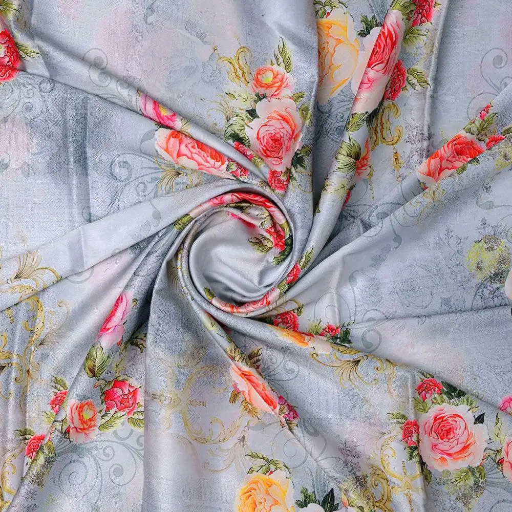 Bright Vintage Pink With Orange Rose Digital Printed Fabric - Japan Satin - Image 2