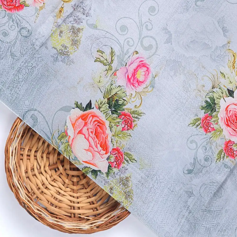 Bright Vintage Pink With Orange Rose Digital Printed Fabric - Japan Satin - Image 3
