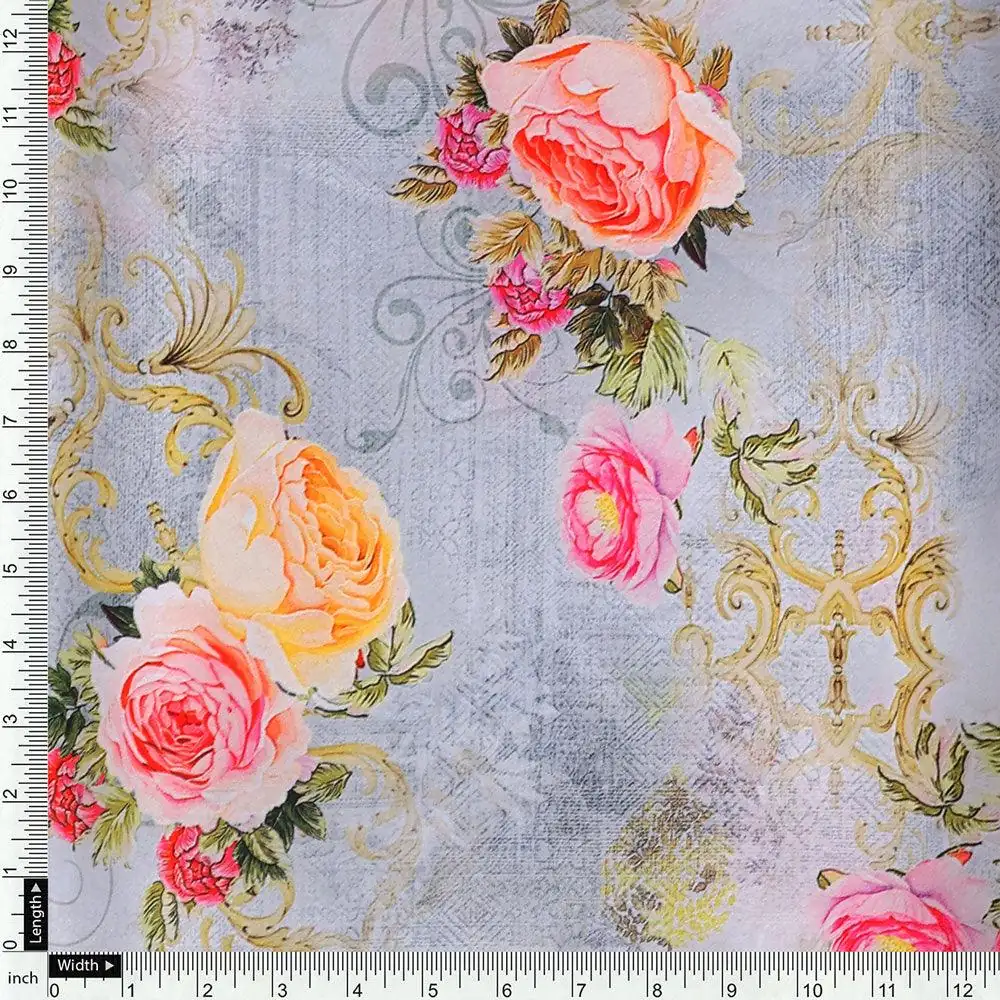 Bright Vintage Pink With Orange Rose Digital Printed Fabric - Japan Satin - Image 4