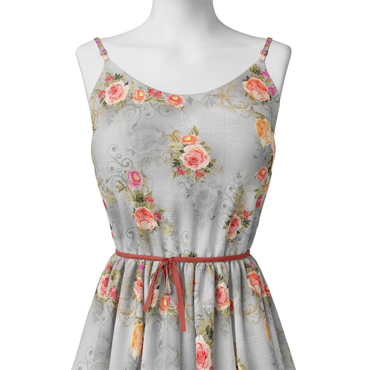 Bright Vintage Pink With Orange Rose Digital Printed Fabric - Pure Georgette - Image 2