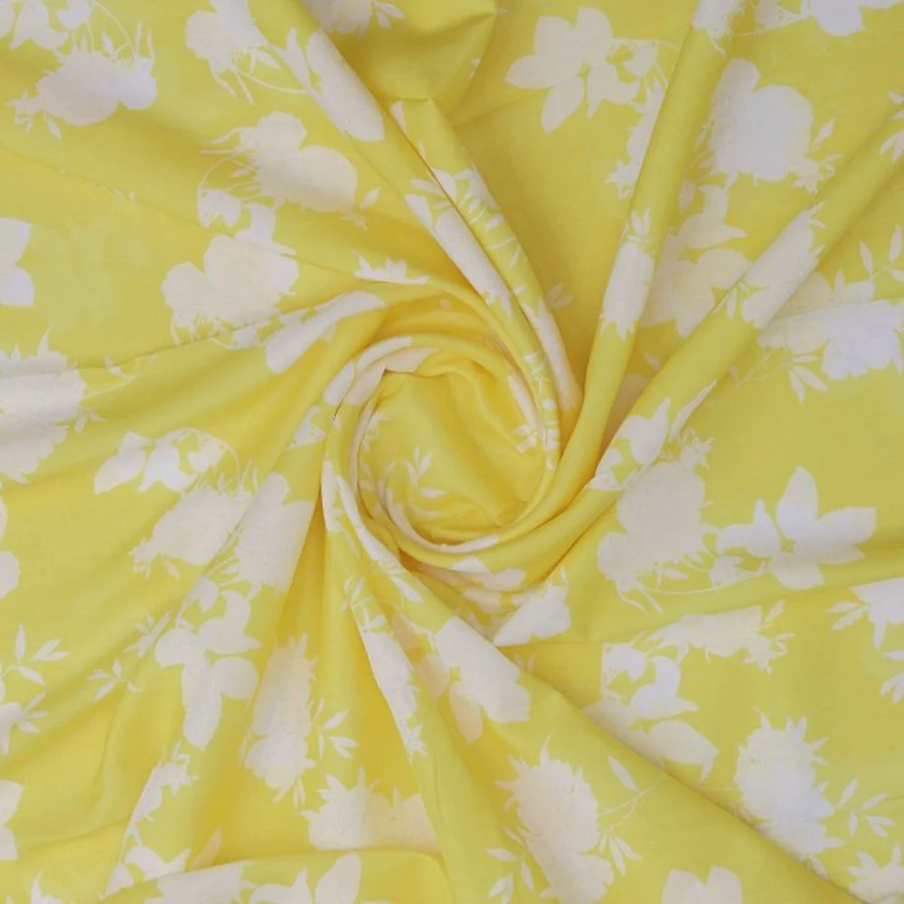 Bright Yellow & White Floral Silhouette Muslin Fabric - Image 3