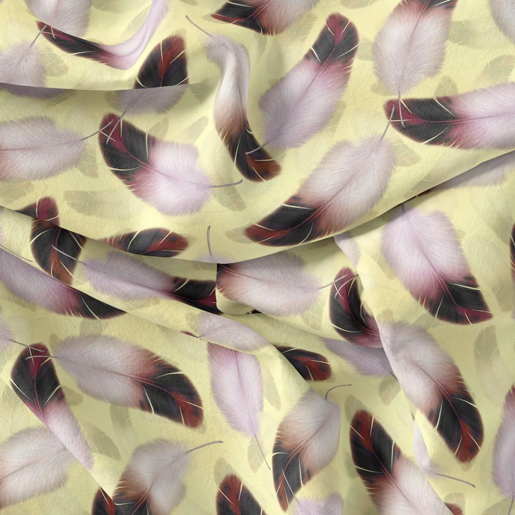 Brown Feather With pastel Yellow Background Digital Printed Fabric - Image 4