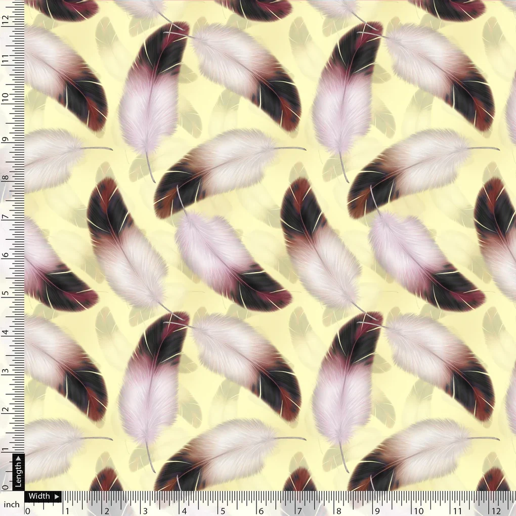 Brown Feather With pastel Yellow Background Digital Printed Fabric - Image 5