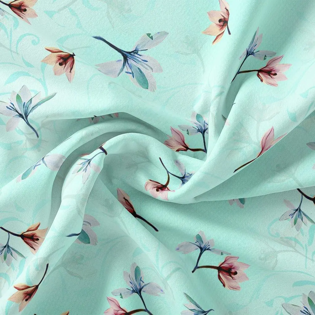 Brown Floating Flower On Rama Green Digital Printed Fabric - Image 3