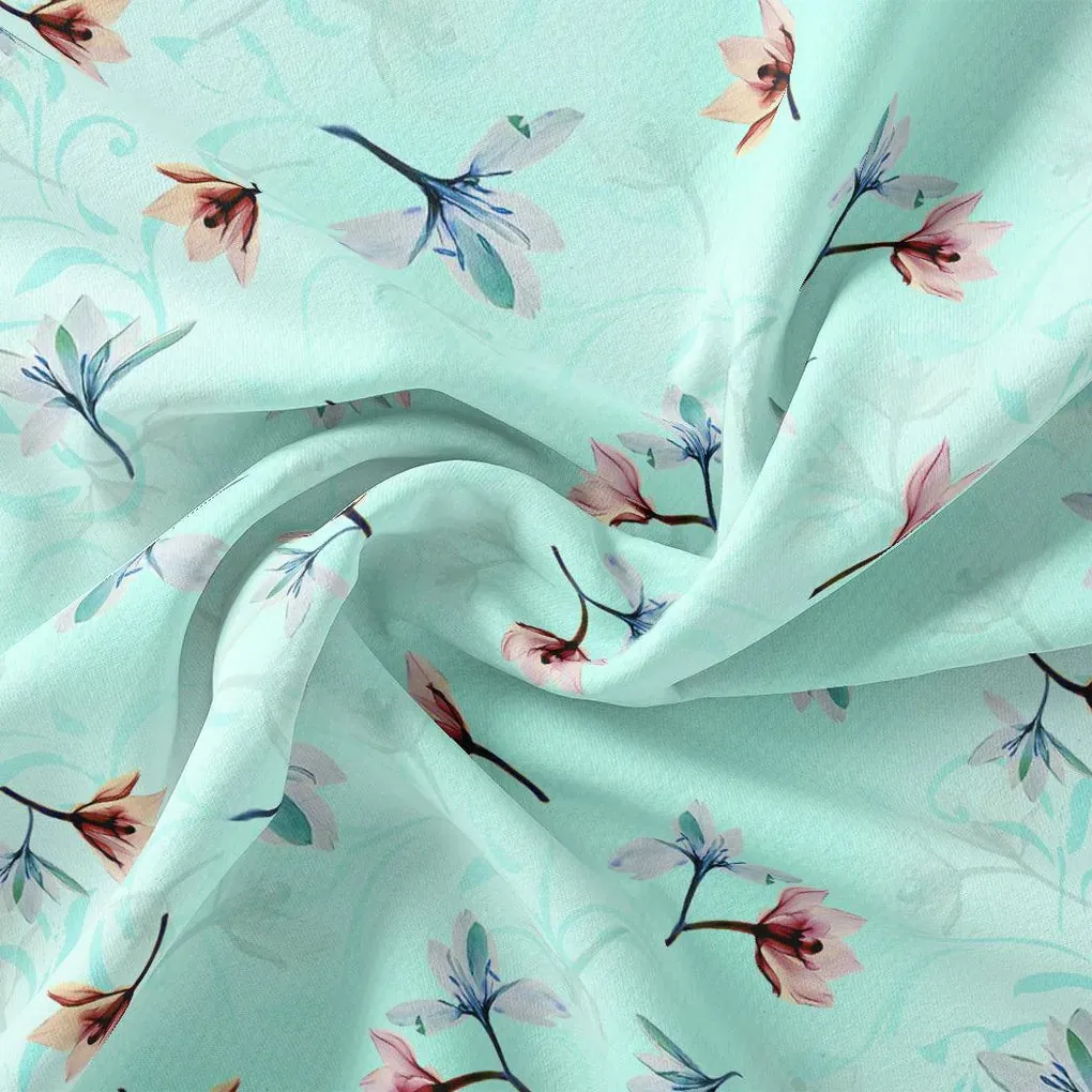 Brown Floating Flower On Rama Green Digital Printed Fabric  - Japan Satin - Image 3