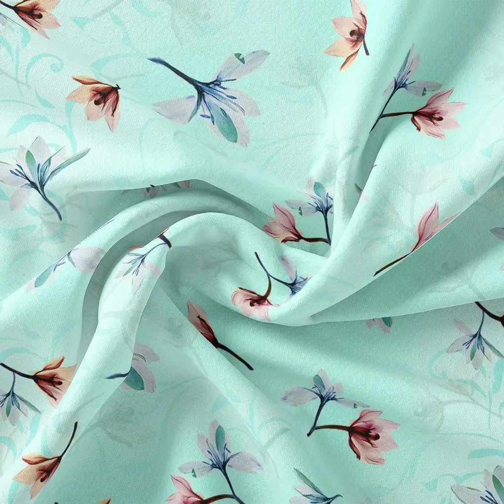 Brown Floating Flower On Rama Green Digital Printed Fabric  - Pure Georgette - Image 3