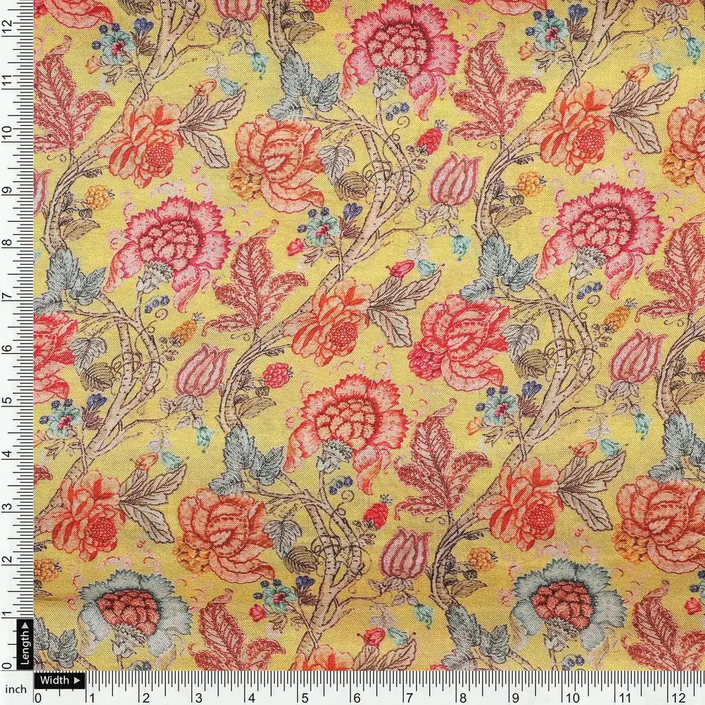 Darkolivegreen Jacobean Pure Muslin Printed Fabric Material - Image 4