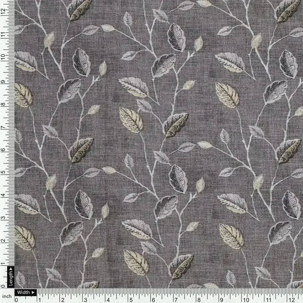 Brown Leaves With Stalk Digital Printed Fabric - Kora Silk - Image 4