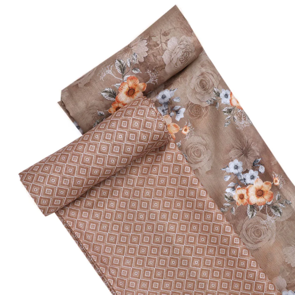 Brown Mul Cotton Printed Unstitched Fabric Set (5 Meter Set) - Image 4