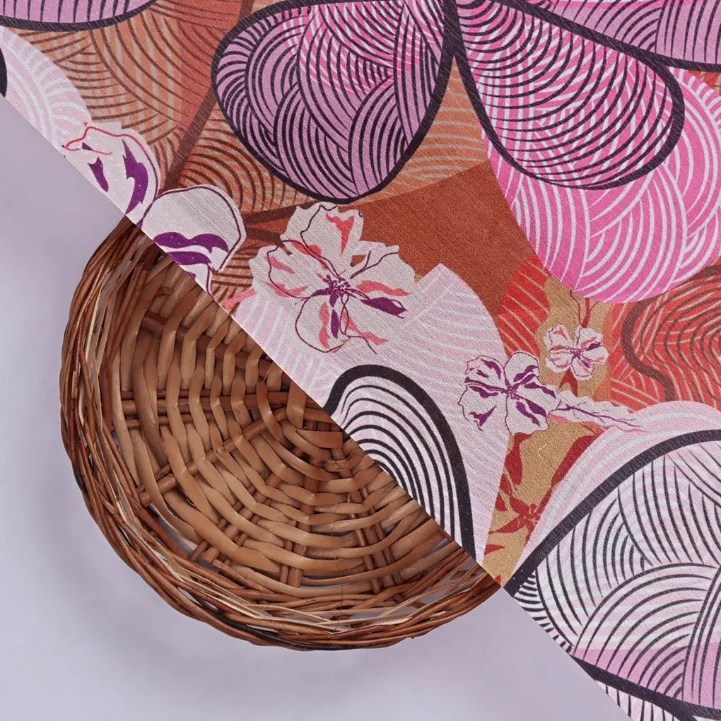 Brown & Pink Stylised Abstract Floral Chinon Fabric - Image 2