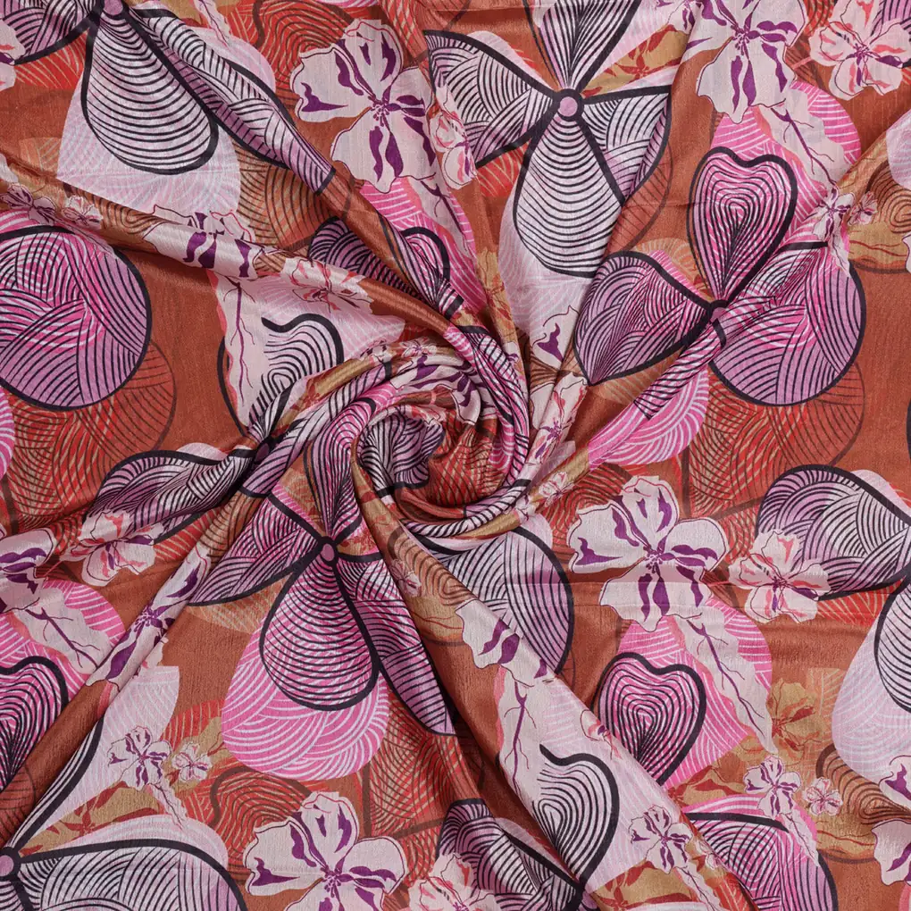 Brown & Pink Stylised Abstract Floral Chinon Fabric - Image 3