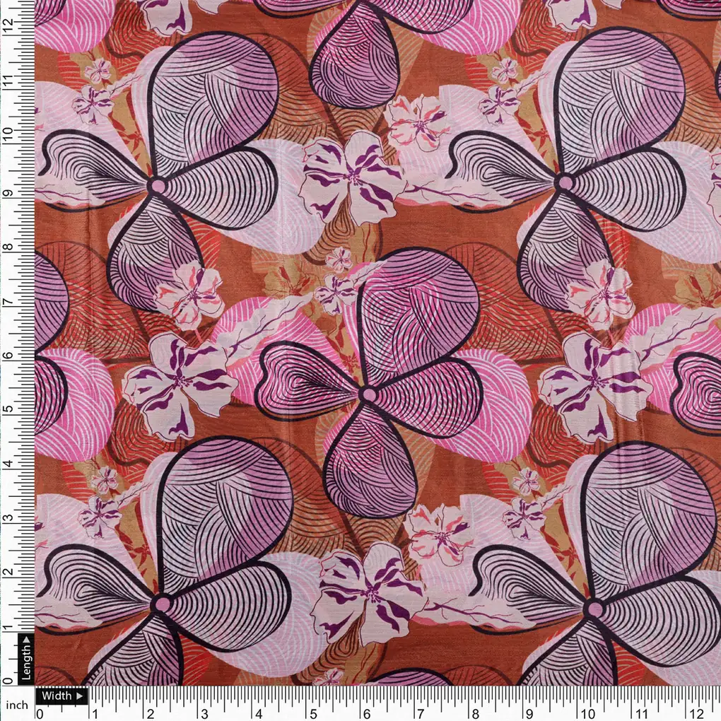 Brown & Pink Stylised Abstract Floral Chinon Fabric - Image 4