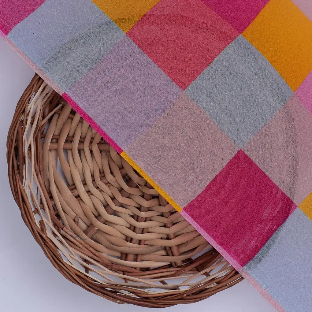 Buffalo Checks Pink And Yellow Digital Printed Fabric - Pure Georgette - Image 3