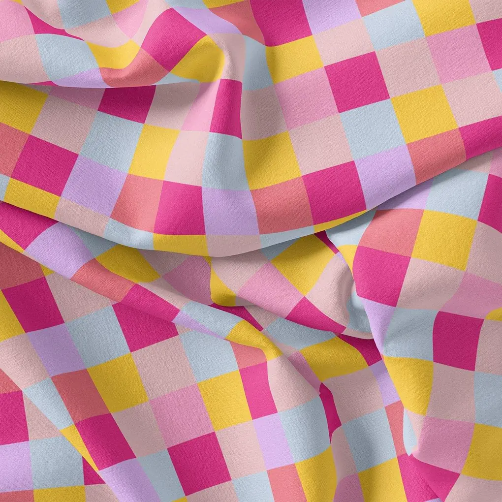 Buffalo Checks Pink And Yellow Digital Printed Fabric - Weightless - Image 3
