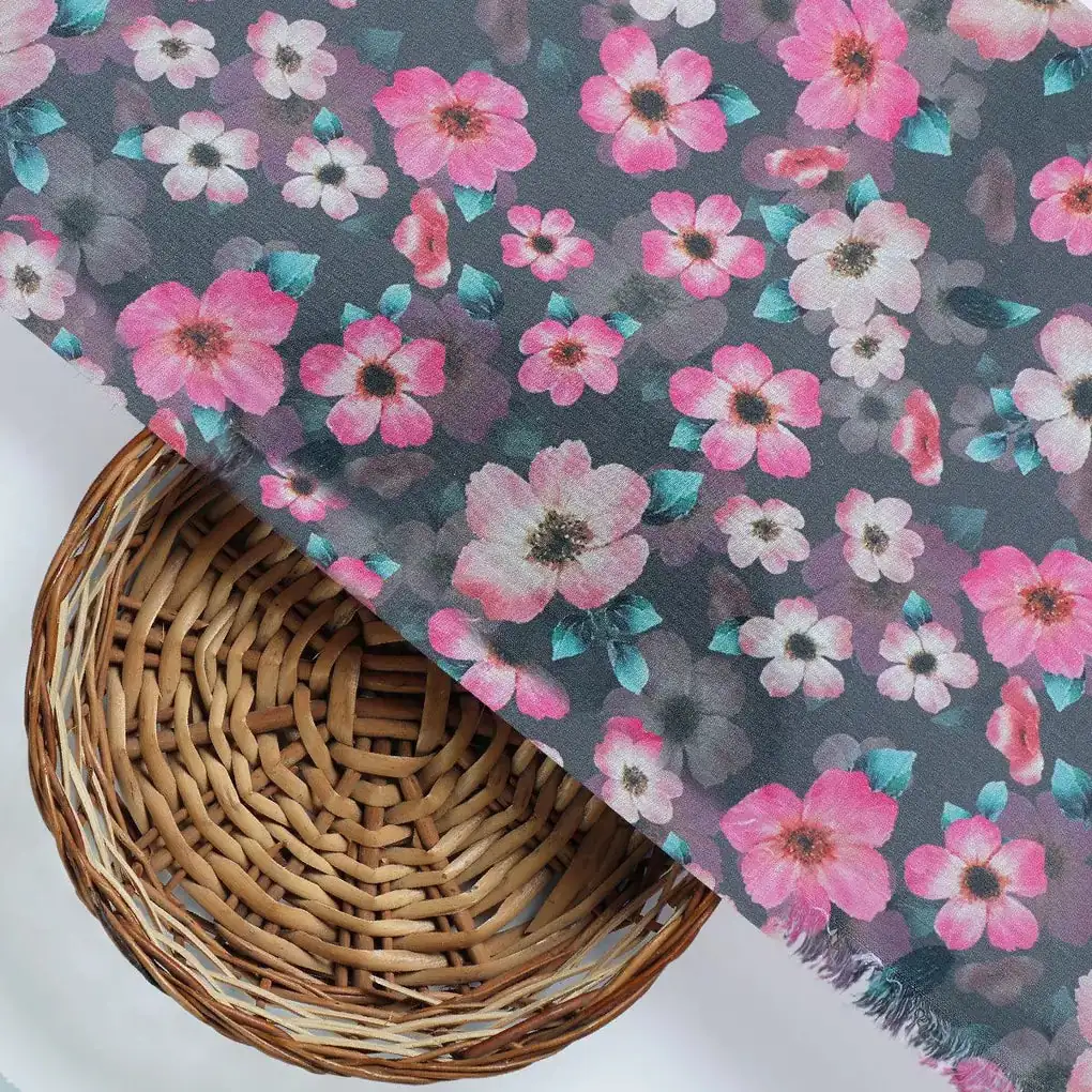 Buttercup Pink Floral Digital Printed Fabric - Muslin - Image 2