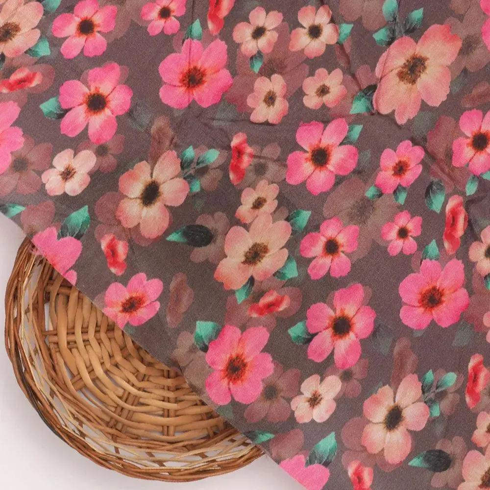 Buttercup Pink Floral Digital Printed Fabric - Upada Silk - Image 2