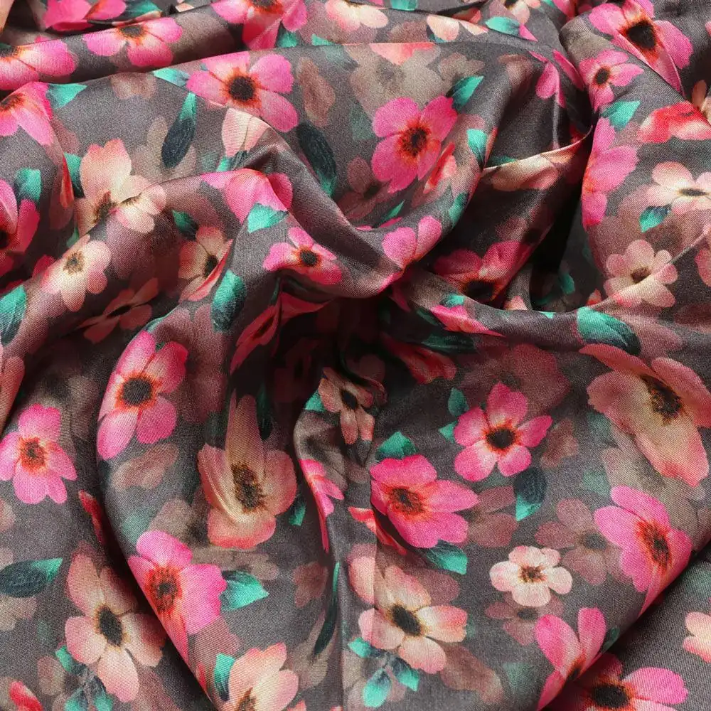 Buttercup Pink Floral Digital Printed Fabric - Upada Silk - Image 3