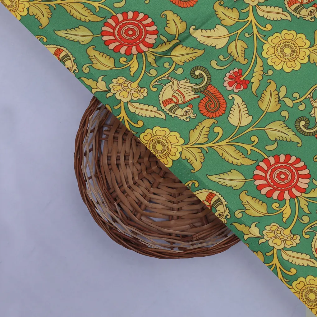 Buy Kalamkari Peacock Print Satin Fabric Online at Best Price - Image 2