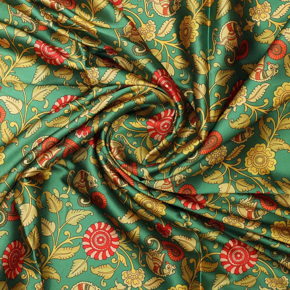 Buy Kalamkari Peacock Print Satin Fabric Online at Best Price - Image 3
