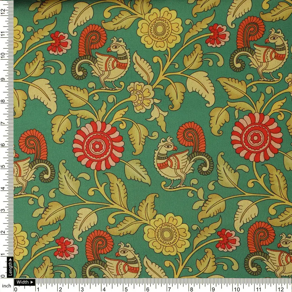 Buy Kalamkari Peacock Print Satin Fabric Online at Best Price - Image 4