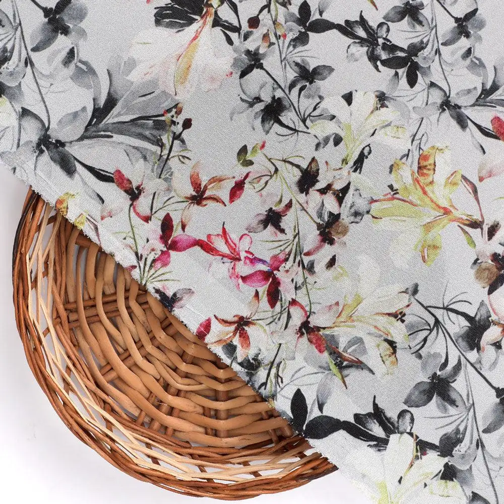 Calico Flower Yellow And Purple Floral Digital Printed Fabric - Silk Crepe - Image 2