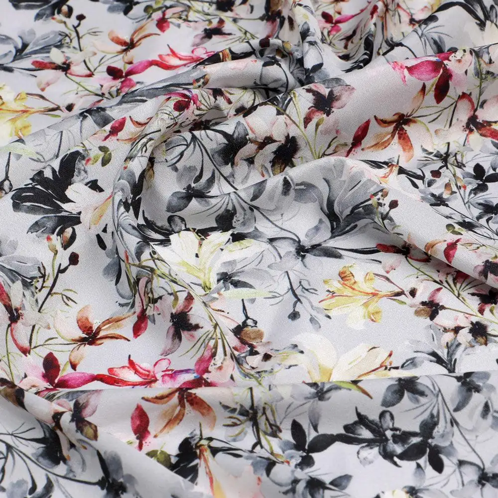 Calico Flower Yellow And Purple Floral Digital Printed Fabric - Silk Crepe - Image 3