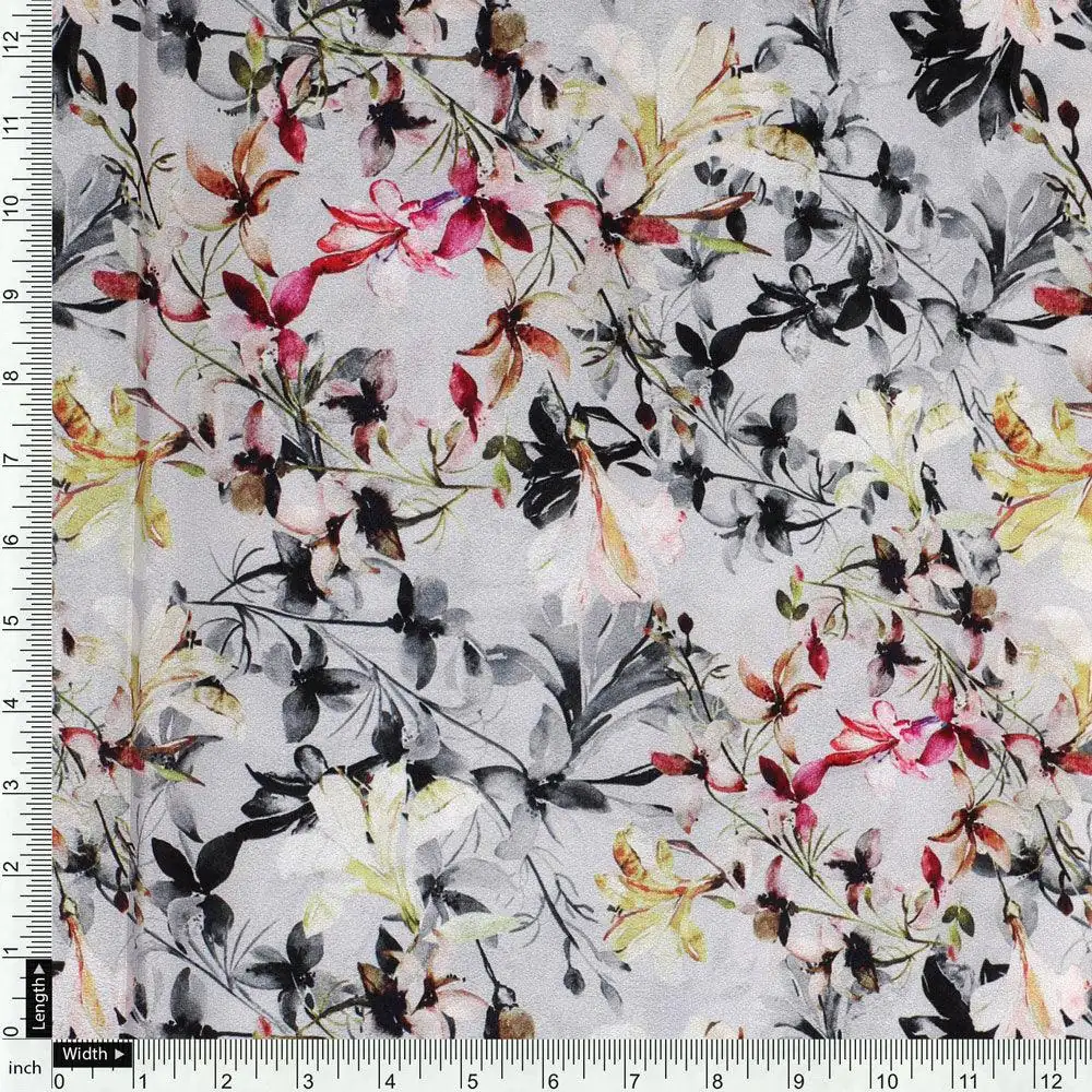 Calico Flower Yellow And Purple Floral Digital Printed Fabric - Silk Crepe - Image 4