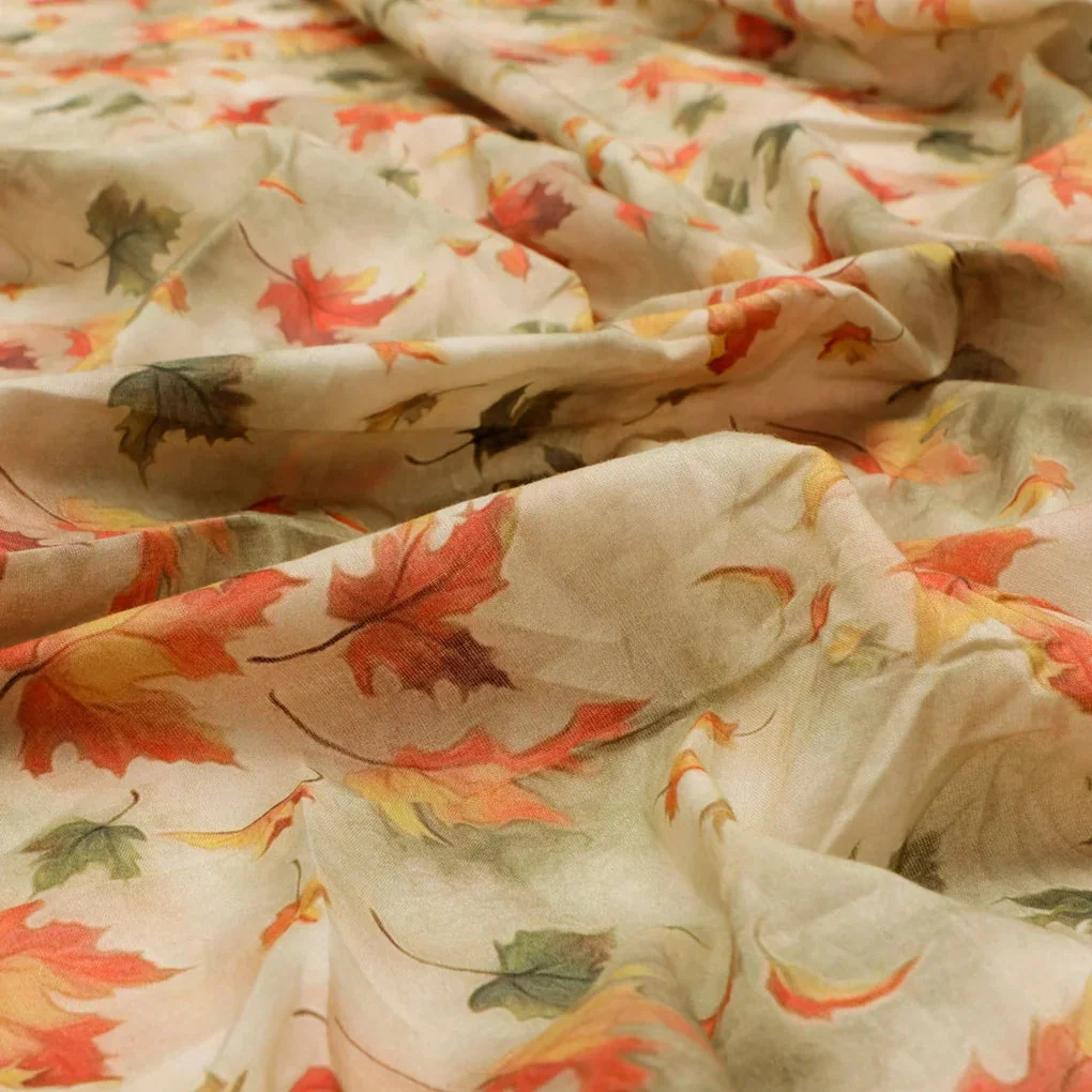 Canadian Maple Green With Orange Leaf Digital Printed Fabric - Pure Cotton - Image 2