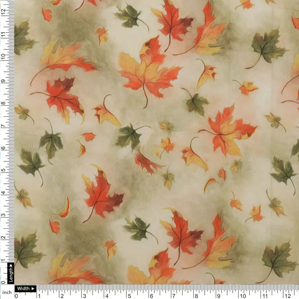Canadian Maple Green With Orange Leaf Digital Printed Fabric - Pure Cotton - Image 4