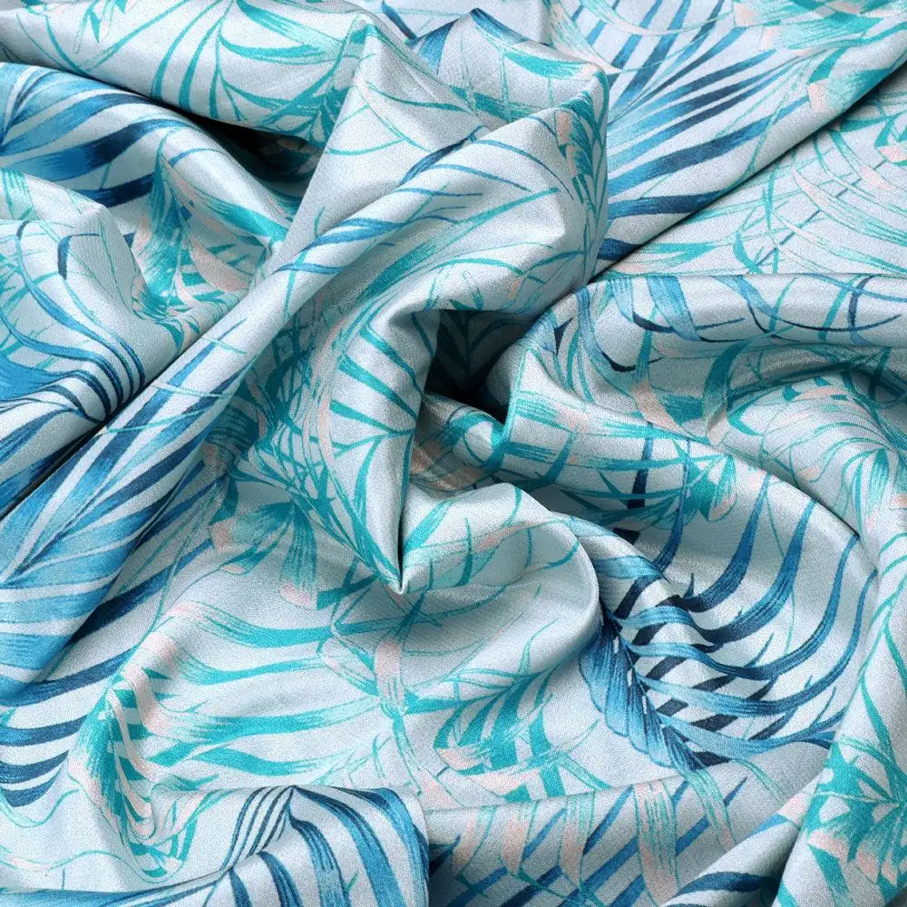 Cape Cod Blue Tropical Printed Silk Crepe Fabric Material - Image 3