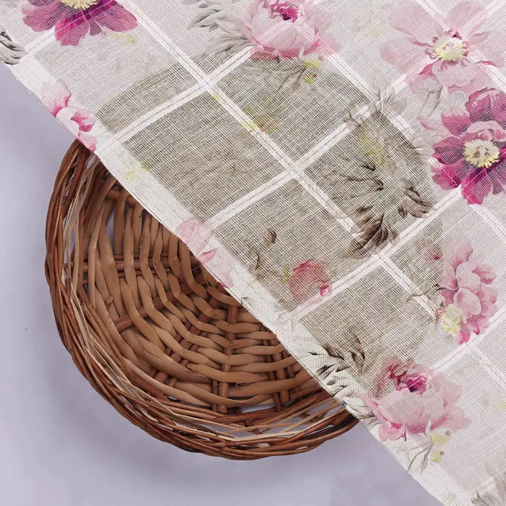 Captivating Linen Fabric Adorned with Wine and Pink Floral Design - Image 2