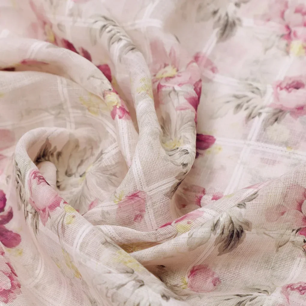 Captivating Linen Fabric Adorned with Wine and Pink Floral Design - Image 3