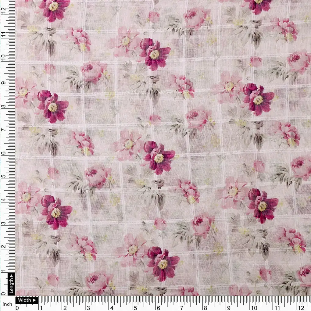 Captivating Linen Fabric Adorned with Wine and Pink Floral Design - Image 4