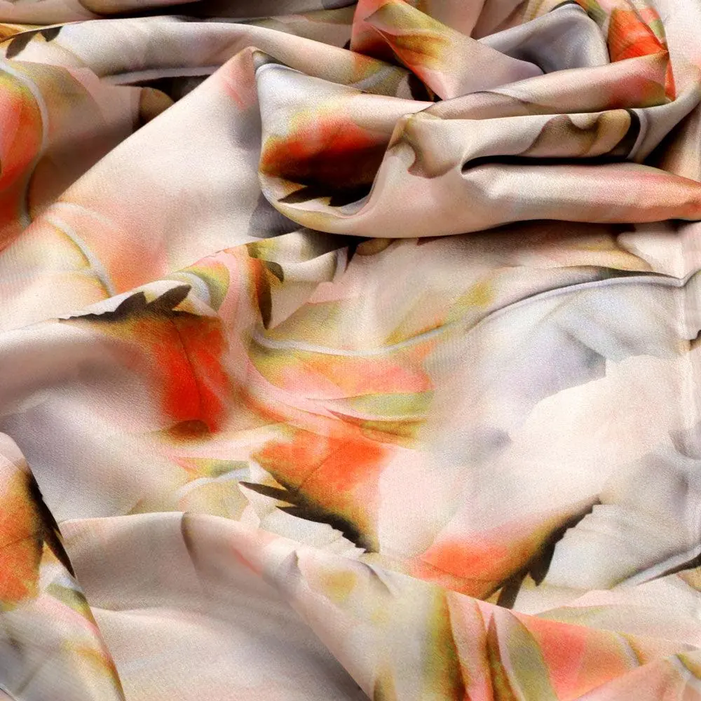 Celosia Orange Leaves Printed Silk Crepe Fabric Material - Image 3