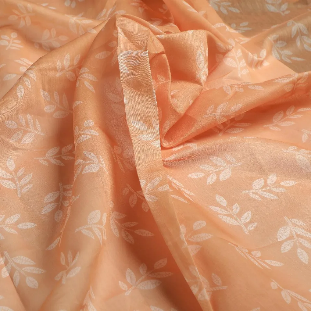 Chanderi Digital Printed Fabric - Orange Leaves - Image 3