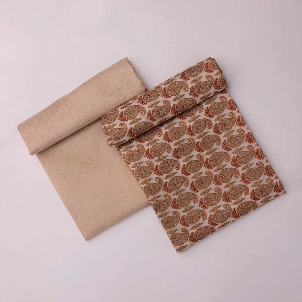 Chanderi Fabric Set 5 Meters Paisley Print Orange And Brown - Image 4