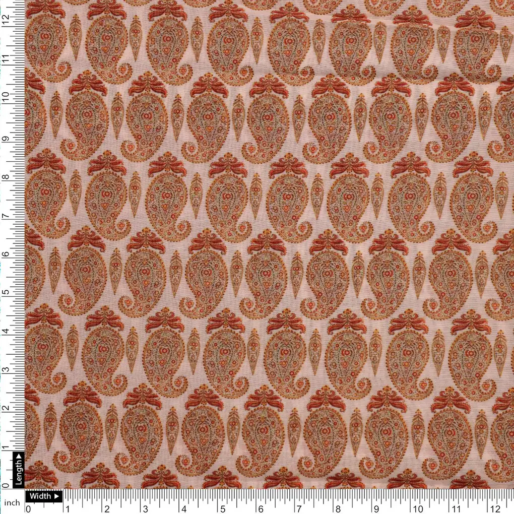 Chanderi Fabric Set 5 Meters Paisley Print Orange And Brown - Image 6