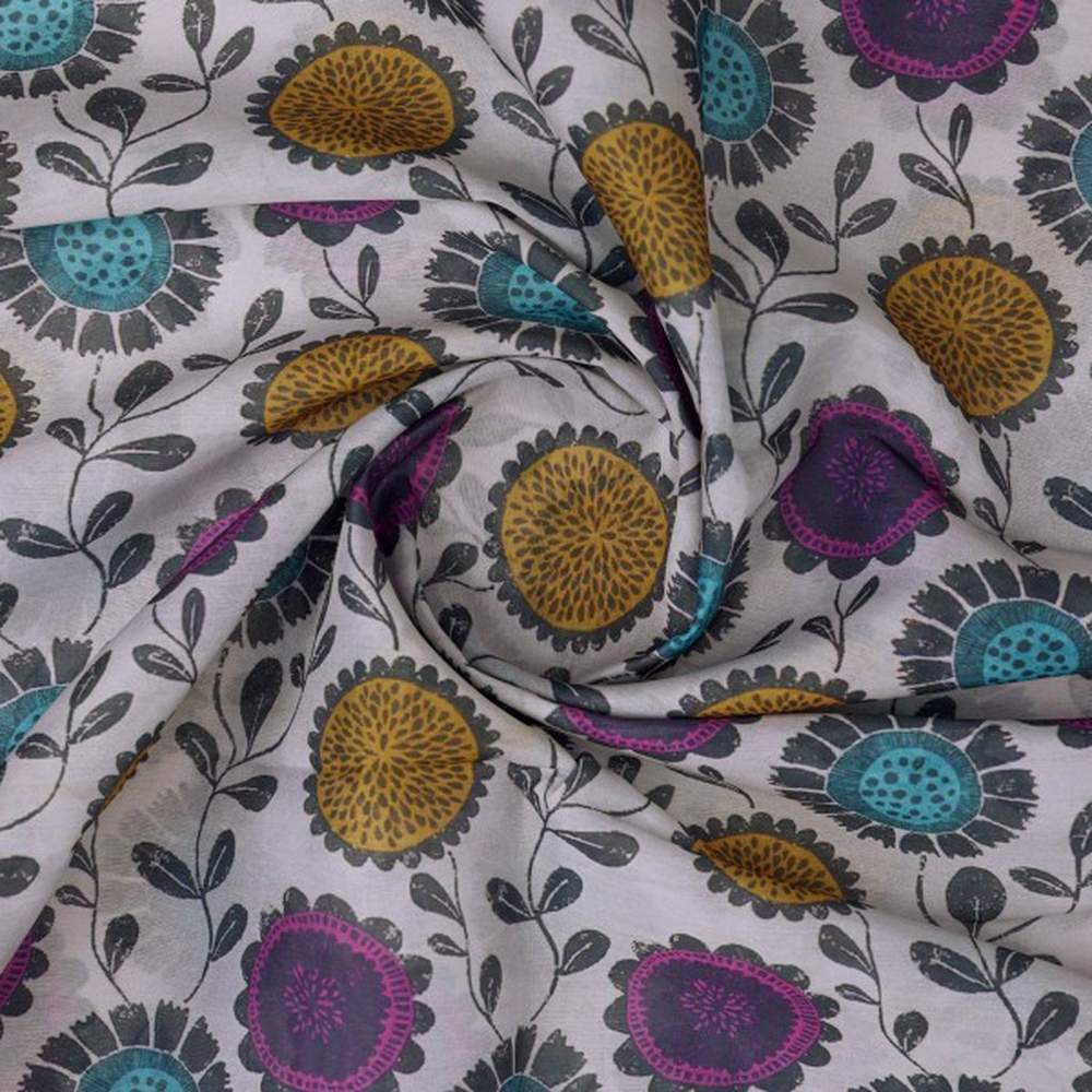 Chanderi Fabric with Colourful Stylised Floral Print - Image 3