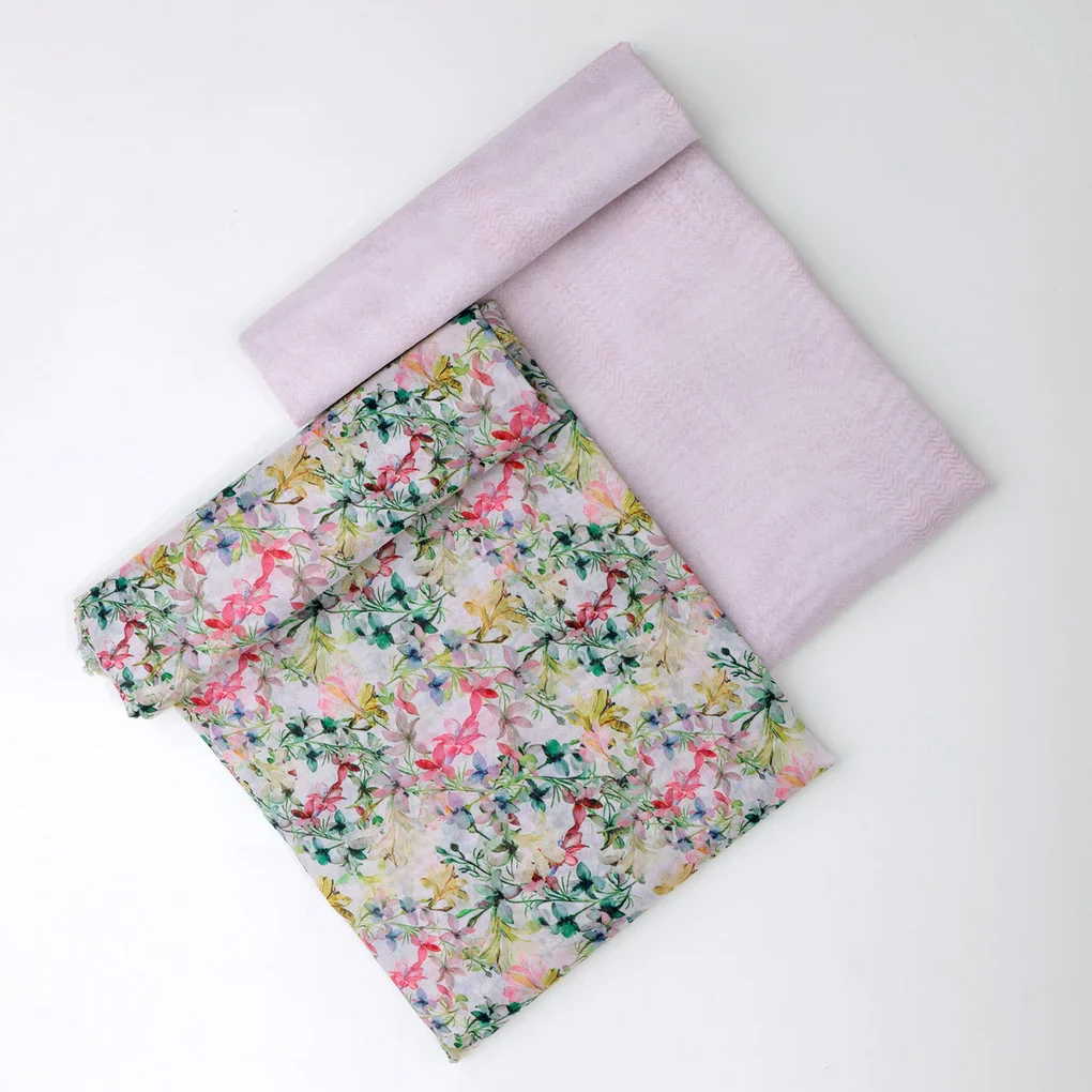 Chanderi Printed Fabric Set | 5 Meters | Multicolor Floral & Leaves - Image 3