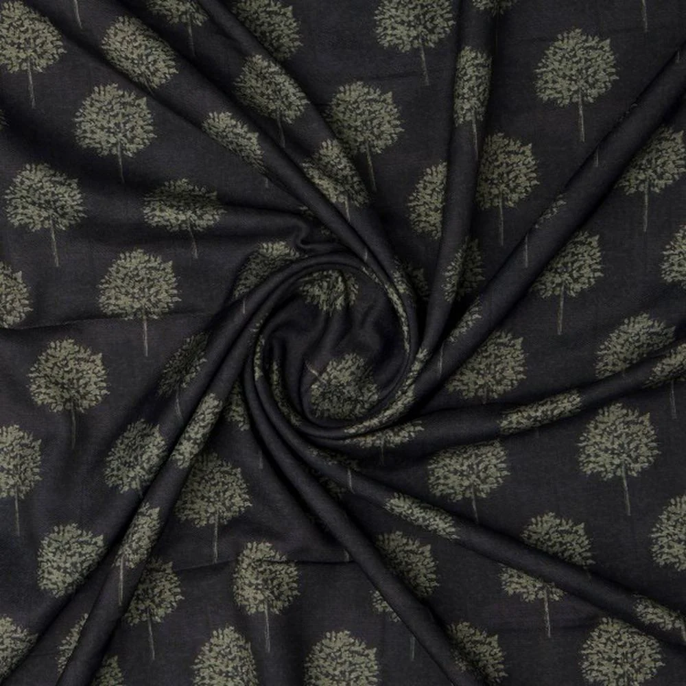 Charcoal Black & Olive Green Tree Printed Rayon Fabric - Image 3