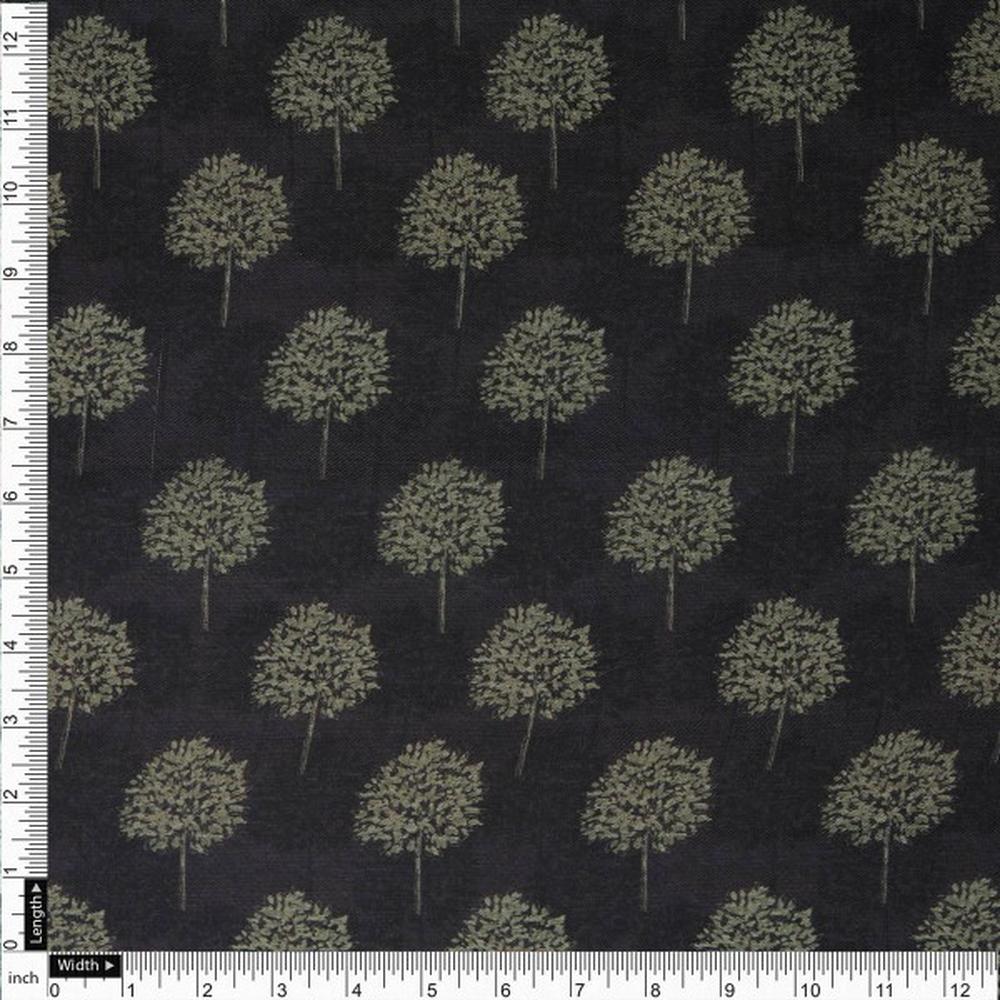 Charcoal Black & Olive Green Tree Printed Rayon Fabric - Image 4