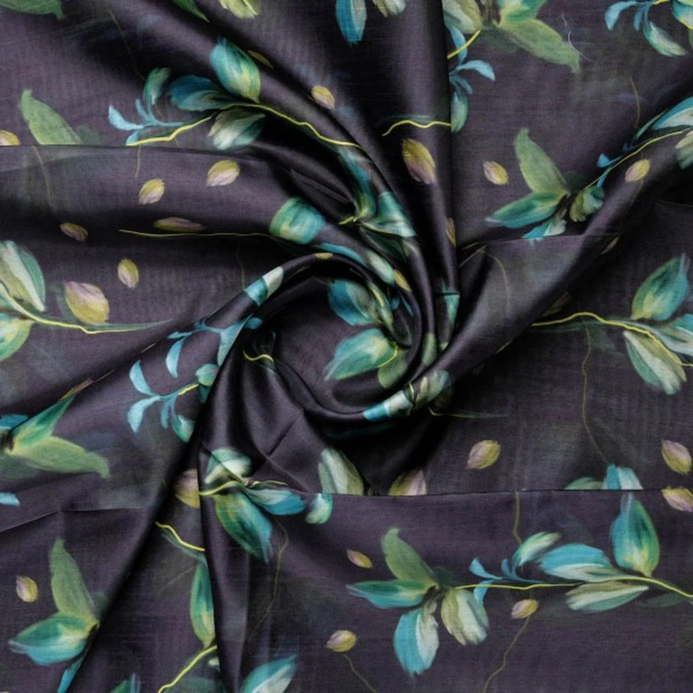 Charcoal Dola Silk Fabric with Green & Turquoise Leaf Print - Image 2