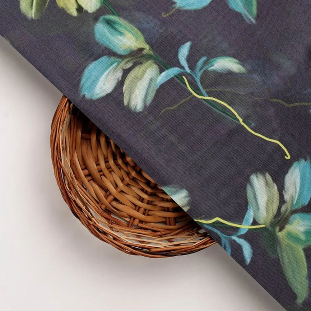 Charcoal Dola Silk Fabric with Green & Turquoise Leaf Print - Image 3